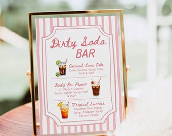Ready to Pop Dirty Soda Bar Sign Template, Editable Canva Menu, Hand Drawn Pink Stripe Soda Bar, Baby Shower Drink Recipes, Instant Download