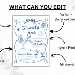 Hand Drawn Twenty Fine Birthday Party Invitation Template, 25th Birthday Invite, Cowgirl 21st 24th Birthday Dinner Celebration Printable image 8