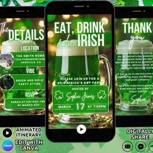 Digital St. Patrick&#39;s Day Party Invitation Template, St. Patricks Party Invite Eat Drink Be Irish party, Green Irish Drinks Invite Phone