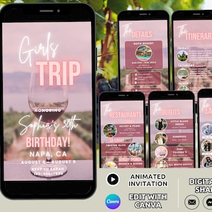 Pode incluir: Um convite digital animado para uma viagem de meninas para Napa, Calif&oacute;rnia, para celebrar o 30&ordm; anivers&aacute;rio de Sophia. O convite apresenta uma ta&ccedil;a de vinho, uma paisagem de vinhedos e detalhes sobre a viagem, incluindo as datas, os restaurantes, as roupas e uma lista de participantes.