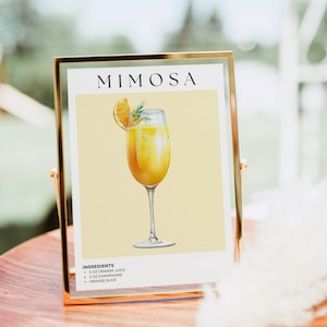 Znak Mimosa Bar, Nowoczesny nadruk koktajlowy Mimosa, Znak Mimosa, Szablon menu baru na brunch, Plakat Mimosa, Bar z bąbelkami, Dekoracja wózka barowego w stylu retro