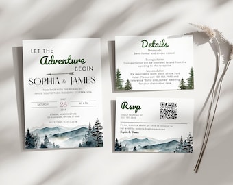 National Park Wedding Invitation Suite Template, Mountain Wedding Invite Set, Woodland Forest Wedding Invite Bundle Details RSVP Printable