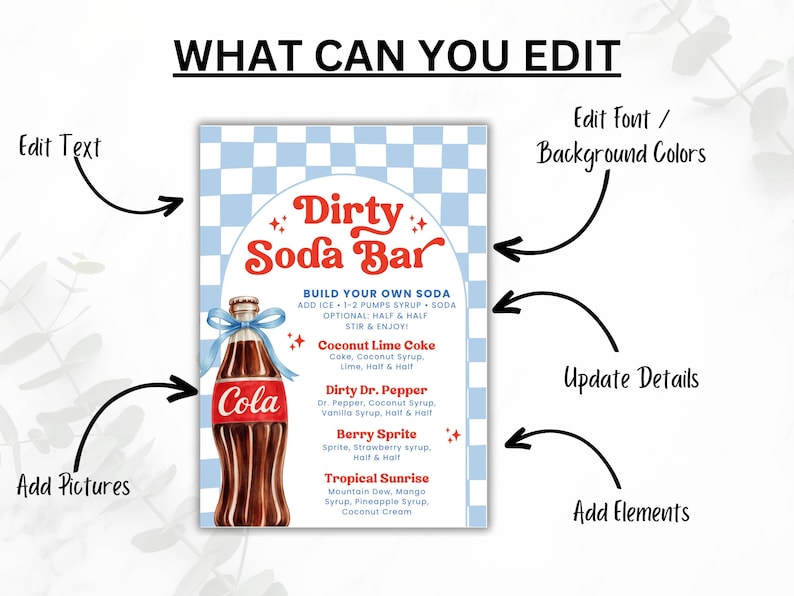 May include: A digital print featuring a "Dirty Soda Bar" design with a checkered blue background. The design includes a cola bottle illustration and text with soda recipes. Arrows point to editable elements.