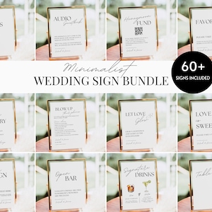 May include: A set of 60+ minimalist wedding signs in gold frames. The signs feature various wedding-related messages, such as "Cards and Gifts", "In Loving Memory", "Blow Up Your Phone", "Let Love Glow", "Love is Sweet", "Custom Sign", "Open Bar", "Signature Drinks", and "Table 1".