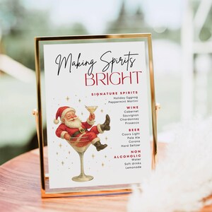 Christmas Bar Menu Sign Template, Santa Martini Drink Sign Template, Holiday Cocktail Bar Poster, Making Spirits Bright Christmas Party Sign