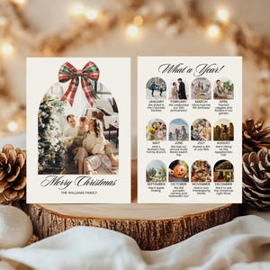 May include: A Christmas card with a photo of a family in front of a Christmas tree. The card also includes a calendar of photos from the past year with captions describing each month.