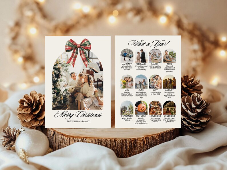 May include: A Christmas card with a photo of a family in front of a Christmas tree. The card also includes a calendar of photos from the past year with captions describing each month.