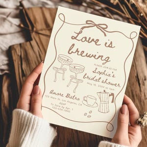 Love is Brewing Bridal Shower Invitation Template, Espresso Martini Bridal Shower Invite Bow Coffee Hand Drawn Bridal Brunch Invite Editable