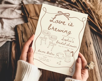 Love is Brewing Bridal Shower Invitation Template, Espresso Martini Bridal Shower Invite Bow Coffee Hand Drawn Bridal Brunch Invite Editable