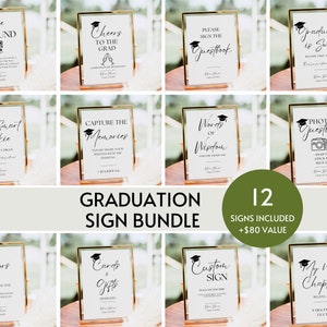 Modello di pacchetto di cartelli per feste di laurea, cartelli per tavoli di laurea, cartellonistica per decorazioni per feste di laurea, cartello per laureati minimalista moderno modificabile stampabile