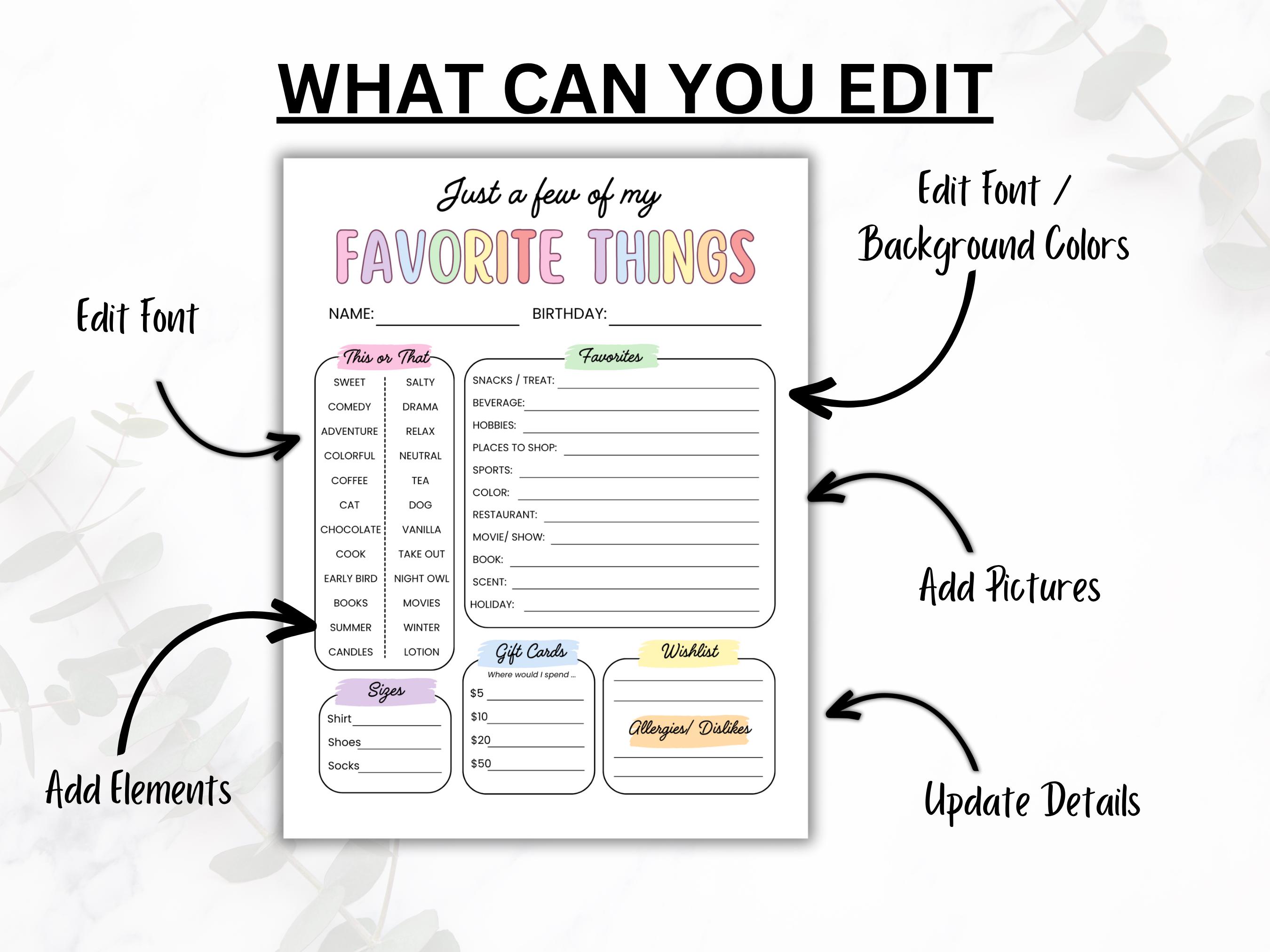 Favorite Things List Survey Questionnaire, Get to Know You Form ...