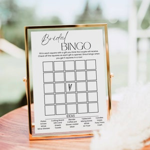 Plantilla minimalista de bingo nupcial, bingo de despedida de soltera moderno, juego de cartas de bingo de regalo de despedida de soltera, juego de ducha de parejas editable imprimible