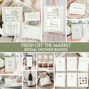 May include: A collection of bridal shower stationery and decorations with a green and white striped theme. Includes signs, cards, recipe cards, and a gift bag, all with the phrase "Fresh Off The Market".