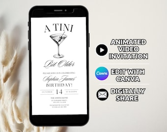 Cyfrowy szablon zaproszenia na przyjęcie urodzinowe koktajlowe, zaproszenie na imprezę z animowanym Martini Party, zaproszenie na kolację urodzinową, telefon