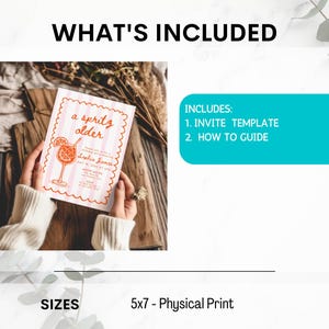 May include: A 5x7 inch invitation with a pink and white striped design and the words "a spritz older." The invitation includes a cocktail illustration and event details. The image also includes a list of what's included: Invite Template and How to Guide.