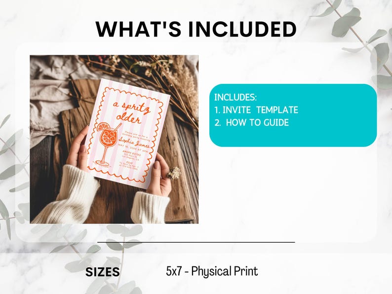 May include: A 5x7 inch invitation with a pink and white striped design and the words "a spritz older." The invitation includes a cocktail illustration and event details. The image also includes a list of what's included: Invite Template and How to Guide.