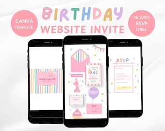 May include: Three smartphones displaying a digital birthday website invitation template. The screens show pastel-colored graphics, including an envelope, a party invitation, a wishlist balloon, and an RSVP form with text fields for guest details.