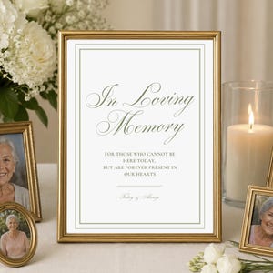 May include: A gold-framed sign with white background and dark text reading In Loving Memory, For those who cannot be here today, but are forever present in our hearts, and Today & Always, surrounded by smaller gold frames containing photographs.