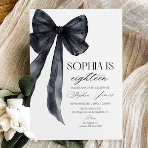 Black Bow 18th Birthday Party Invitation Template, Girl Coquette Birthday Invite, 18 Eighteenth Birthday Dinner Celebration Invite Printable