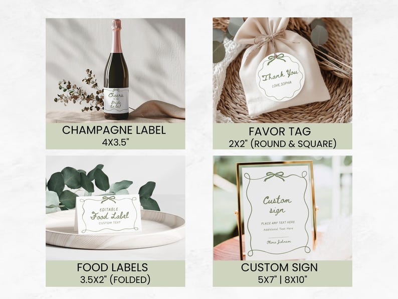 May include: Printable wedding signage set with a green and white colour scheme. Includes a champagne label, favour tag, food label, and a custom sign. The text on the sign says "Custom sign".