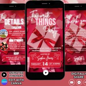Digital Pink Favorite Things Party Invitation Template, Valentines Day Girls Night Invite, Galentines Party  Gift Exchange Invite Phone