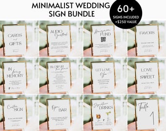 Wedding Sign Bundle Template,  Modern Minimalist Wedding Signs, 60+ Reception Sign Set, Boho Script Wedding Table Signs Editable Printable