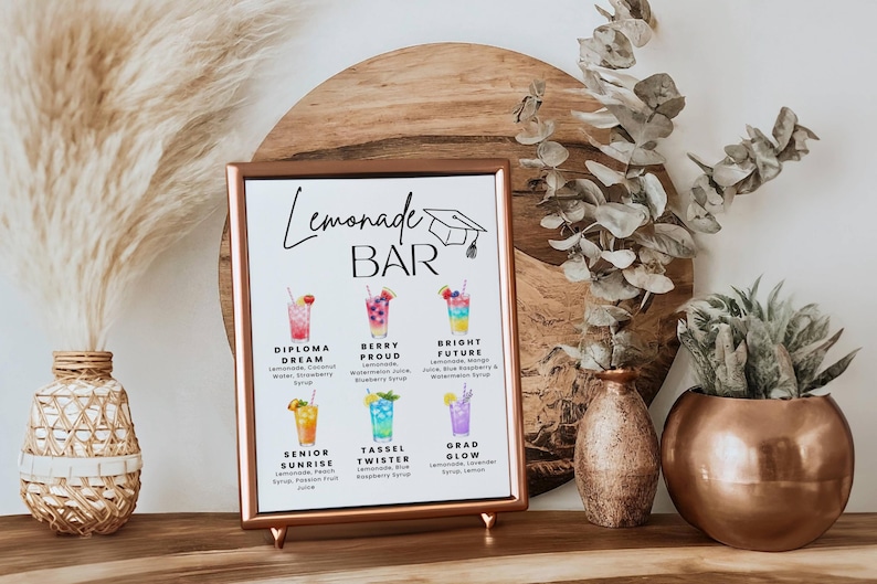 May include: A framed sign reading "Lemonade Bar" with a copper-coloured frame, showcasing colourful illustrations of lemonade drinks. The sign is propped up on a wooden surface, with decorative vases and dried plants in the background.