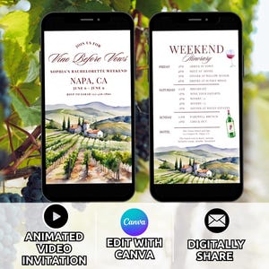 Winery Bachelorette Party Invitation & Itinerary Template, Animated Napa Bach Weekend Invite, Vino before Vows Wine Tasting Bachelorette