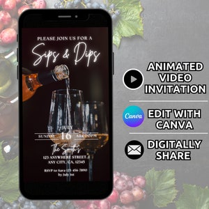Sips Dips Charcuterie Invitation Template, Digital Wine and Cheese Invite Animated, Girls Night Wine Tasting Birthday Party Invite Phone