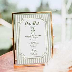Bar Menu Sign Template, Whimsical Hand drawn Signature Drink Bar Menu, Sage Green Stripes Wedding Shower Birthday Party Cocktail Bar Sign