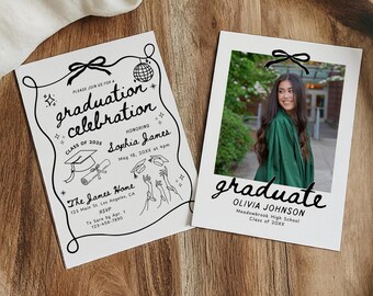 Hand Drawn Graduation Invitation Template, Senior Graduate Announcement, Doodle Graduation Party Invite, 2025 Photo Graduation Card Editable
