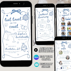 Puede incluir: Una invitación digital para una despedida de soltera con un esquema de color azul y blanco. La invitación presenta una bola de discoteca, cócteles y el texto "último brindis en la costa". La invitación también incluye el nombre de la novia, Sophia, y las fechas de la fiesta, del 15 al 18 de mayo de 20XX. La invitación está sobre un fondo blanco.