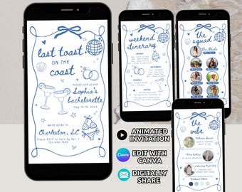 Coastal Bachelorette Party Invitation & Itinerary Digital Template, Last Toast on the Coast Bach Weekend Invite, Beach Bachelorette Editable