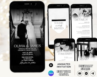 May include: A set of digital wedding invitation templates displayed on multiple smartphone screens. The designs feature black and white photography of a couple, elegant typography, and sections for details, itinerary, and RSVP information.