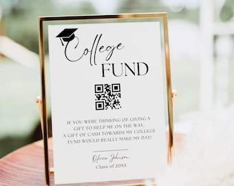 College Fund QR Code Sign Template, Modern Minimalist Graduation Party Sign, Custom High School Grad Table Sign, Cash QR Code Sign Editable