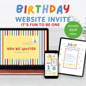 May include: A laptop, smartphone, and tablet displaying a digital birthday website invitation. The screens feature colorful vertical stripes, a yellow envelope graphic, and text reading "YOU'RE INVITED" and "RSVP PLEASE RSVP BY AUG. 20TH".