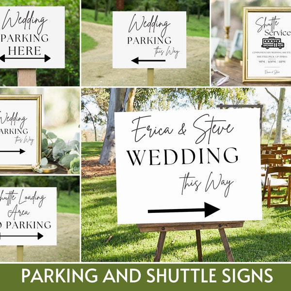 Minimalist Wedding Parking Sign Bundle, Editable Modern Wedding Shuttle Sign Templates, Directional Wedding Signs Bus Printable Template