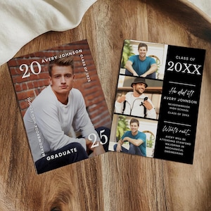 May include: A black and white graduation announcement with a photo of a young man in three different poses. The announcement includes the graduate's name, Avery Johnson, the school name, Meadowbrook High School, the year of graduation, 2025, and the text "He did it!" and "What's next..." with details about the graduate's future plans.