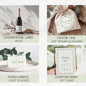 May include: A collection of event stationery items, including a champagne label (4x3.5 inches), favor tag (2x2 inches), food labels (3.5x2 inches), and a custom sign (5x7 or 8x10 inches). The items feature a scalloped border design.