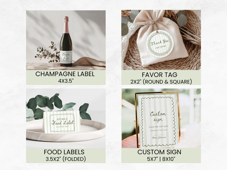 May include: A collection of event stationery items, including a champagne label (4x3.5 inches), favor tag (2x2 inches), food labels (3.5x2 inches), and a custom sign (5x7 or 8x10 inches). The items feature a scalloped border design.