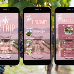 Pode incluir: Uma tela de telefone rosa e branca com o texto "Girls Trip" e uma ta&ccedil;a de vinho. O texto "Honoring Sophia's 30th Birthday!" est&aacute; abaixo da ta&ccedil;a de vinho. O texto "Napa, CA" est&aacute; abaixo do texto de anivers&aacute;rio. O texto "August 6 - August 8" est&aacute; abaixo do texto da localiza&ccedil;&atilde;o. O texto "RSVP to Sarah 123-456-7896" est&aacute; abaixo das datas.
