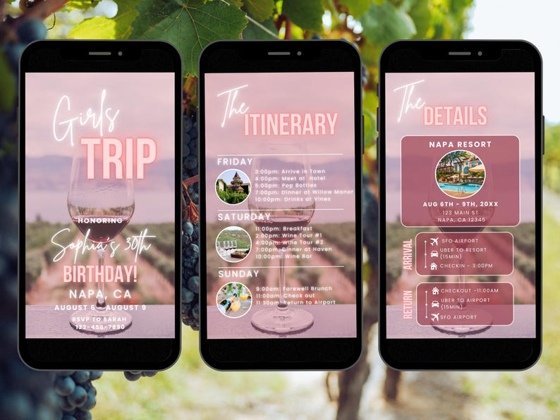 Pode incluir: Uma tela de telefone rosa e branca com o texto "Girls Trip" e uma ta&ccedil;a de vinho. O texto "Honoring Sophia's 30th Birthday!" est&aacute; abaixo da ta&ccedil;a de vinho. O texto "Napa, CA" est&aacute; abaixo do texto de anivers&aacute;rio. O texto "August 6 - August 8" est&aacute; abaixo do texto da localiza&ccedil;&atilde;o. O texto "RSVP to Sarah 123-456-7896" est&aacute; abaixo das datas.