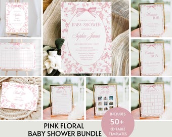 Toile De Jouy Baby Shower Bundle, Girl Pink Bow Baby Shower Bundle, Vintage Floral Baby Brunch Signs & Games Editable Printable Template