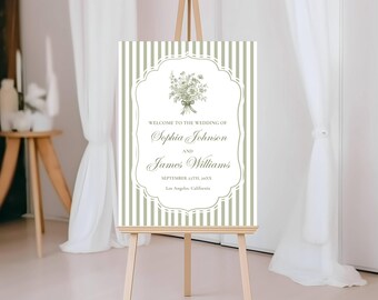 Puede incluir: Un cartel de bienvenida de boda rectangular con rayas verticales de color verde salvia y blanco. El centro muestra una ilustración de un ramo de flores, un marco decorativo y el texto: Welcome to the wedding of Sophia Johnson and James Williams.