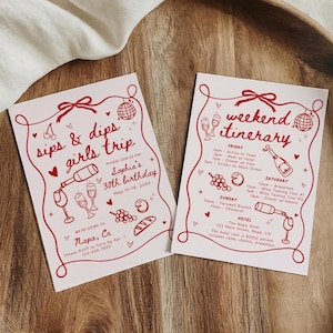 Winery Girls Trip Invitation & Itinerary Template, Hand Drawn Wine Tasting Birthday Weekend Invite, Sips Dips Wine Girls Trip Napa Sonoma
