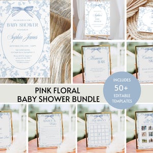 Toile de jouy-babyshowerbundel, blauwe strik babyshowerbundel jongens, vintage bloemen babybrunchborden en -games bewerkbare afdrukbare sjabloon