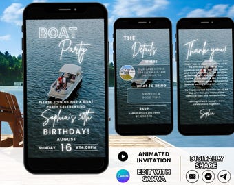Può includere: Tre smartphone mostrano modelli di invito digitale per una festa in barca. Gli schermi presentano un pontone sull'acqua, dettagli in testo bianco per il 30° compleanno di Sophia, logistica dell'evento e un messaggio di ringraziamento.