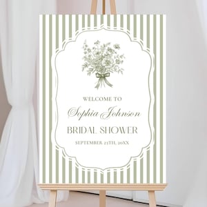 Cartello di benvenuto per addio al nubilato, verde salvia, a righe, stile boho floreale, per brunch nuziale, elegante, vintage, Coquette, cartello di benvenuto per addio al nubilato, modificabile