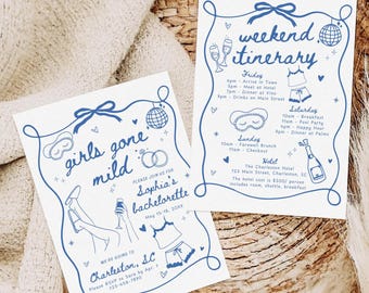 Girls Gone Mild Bachelorette Party Invitation & Itinerary Template, Blue Hand Drawn Spa Pajama Slumber Party Bach Weekend Invite Girls Trip