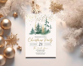 May include: A rectangular Christmas party invitation card featuring a watercolor forest of green and gold pine trees under a shower of gold glitter stars. The text reads: Please join us for a Christmas party, December 21 at 8:00pm, The Smith Home, 123 Anywhere Street, Any City, CA, 12345, Please RSVP by Dec. 1st to Sara 123-456-7890.